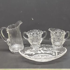 4 pc. bundle Fostoria Cambridge etched crystal creamer sugar, pitcher, dish